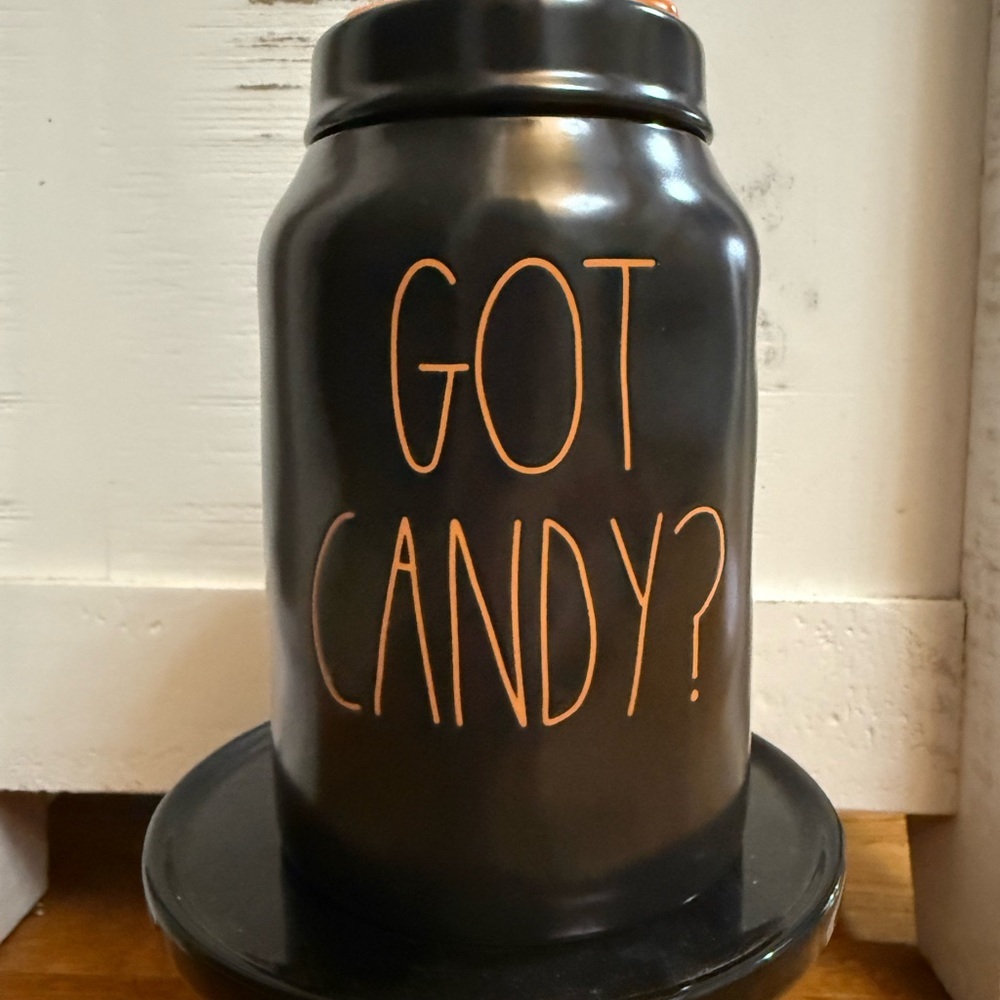 Rae Dunn Black Candy Jar with Orange Text “Got Candy?”